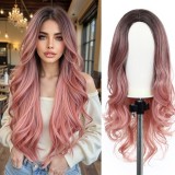 Peruca lunga, ondulata, roz ombre, par sintetic rezistent la caldura, 60 cm
