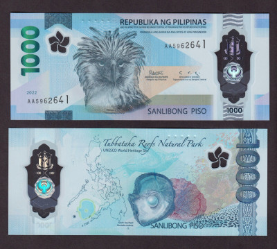 FILIPINE █ bancnota █ 1000 Piso █ 2022 █ POLYMER █ Seria AA █ UNC █ necirculata foto