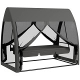 Balansoar gradina, 3 locuri, cu plasa insecte, gri inchis, 240x140x197 cm, functie pat, max 300 kg, Monte Carlo GartenVIP DiyLine