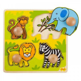 Primul meu puzzle Safari, 4 piese din lemn, 20 x 20 cm, Bigjigs