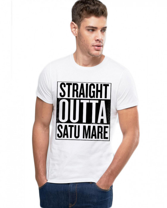 Tricou alb barbati - Straight Outta Satu Mare - XL