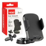 Suport auto telefon 2in1 pentru bord si grila de ventilatie, rotatie 360, universal pentru majoritatea telefoanelor, montaj fara unelte, AMiO