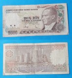 Bancnota veche Turcia 5.000 Lire 1970 - circulata in stare buna