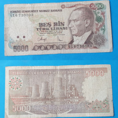 Bancnota veche Turcia 5.000 Lire 1970 - circulata in stare buna