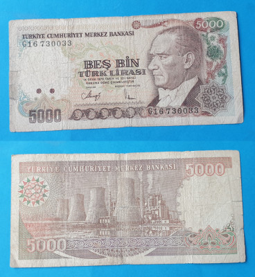 Bancnota veche Turcia 5.000 Lire 1970 - circulata in stare buna foto