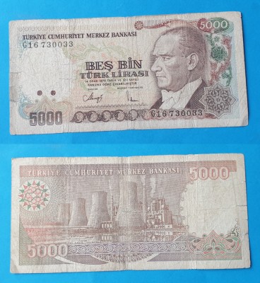 Bancnota veche Turcia 5.000 Lire 1970 - circulata in stare buna foto