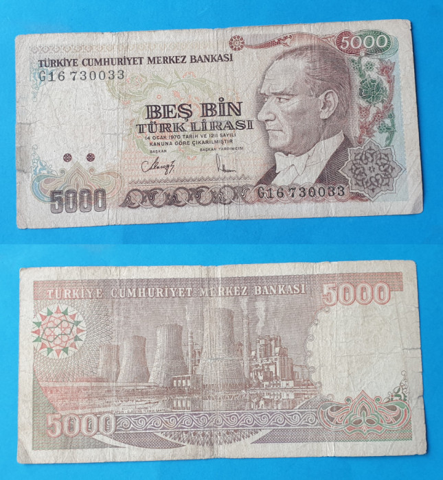 Bancnota veche Turcia 5.000 Lire 1970 - circulata in stare buna