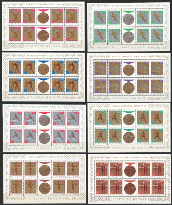 Polonia 1965 Mi 1623/30 klb MNH - Medalii la JO Vara, Tokyo 1964 - MICI CUTE
