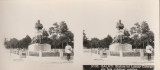 Fotografie stereoscopica-Galati ,Statuia lui Lascar Catargiu din fata Gradinii P, Alb-Negru, Romania 1900 - 1950, Cladiri