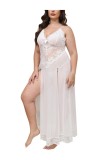 Neglijee Babydoll cu dantelă pentru talie mare, decolteu &icirc;n V, cu bretele, de noapte &ndash; Alb 2XL