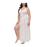Neglijee Babydoll cu dantelă pentru talie mare, decolteu &icirc;n V, cu bretele, de noapte &ndash; Alb 2XL