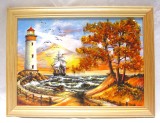 TABLOU CU SCENA MARINA DECORAT CU CHIHLIMBAR RAMA LEMN 23.5 CM