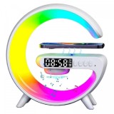 Lampa LED RGB Smart cu Incarcator Wireless 15W, Boxa Bluetooth, Radio FM, Ceas, Lumini Ambientale, Control Aplicatie, Alb