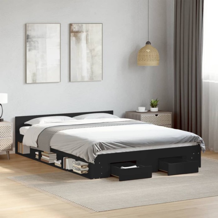 Gossi cadru pat cu sertare negru extralucios 150x200cm lemn prelucrat