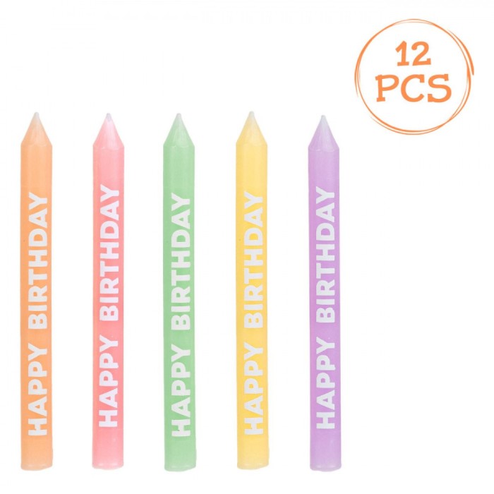 Lum&acirc;nări Zi de Naștere, Multicolor, Mesaj Happy Birthday, Set 12 Bucăți, 7cm