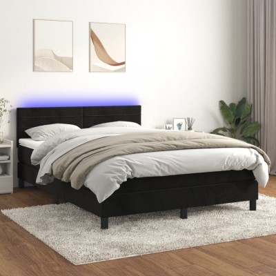 vidaXL Pat cu arcuri, saltea și LED, negru, 140x190 cm, catifea 3134461 foto