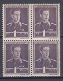 ROMANIA 1943/45 LP 153 MIHAI I UZUALE FILIGRAN CC EROARE PUNCT PE FRUNTE DREAPTA JOS BLOC DE 4 TIMBRE MNH, Nestampilat