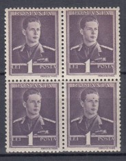 ROMANIA 1943/45 LP 153 MIHAI I UZUALE FILIGRAN CC EROARE PUNCT PE FRUNTE DREAPTA JOS BLOC DE 4 TIMBRE MNH