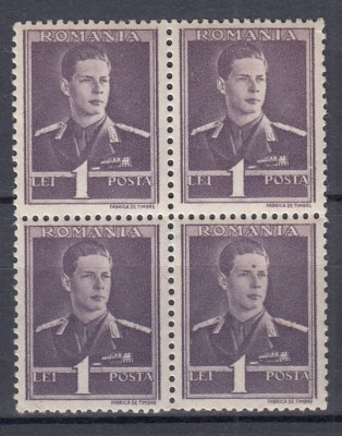 ROMANIA 1943/45 LP 153 MIHAI I UZUALE FILIGRAN CC EROARE PUNCT PE FRUNTE DREAPTA JOS BLOC DE 4 TIMBRE MNH foto