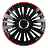 Capac roata auto Leoplast Falcon 15 inch negru cu margine rosie, pentru jante din otel, ABS, montaj rapid, 1 bucata set, protectie si aspect modern