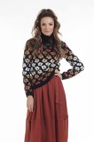 Pulover Dama Tricotat Negru Floral Onibon Lana Acrylic Guler Inalt Maneca Lunga Fabricat in Romania