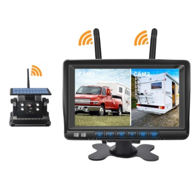 Kit DVR auto cu 1 camera WiFi cu acumulator, incarcare solara si monitor 7 inch, 12V-24V DC pentru camioane, rulote foto