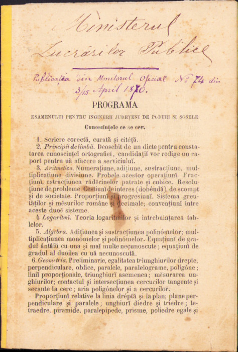 HST A497 Programa cca 1886 examen ingineri județeni poduri și șosele Rom&acirc;nia