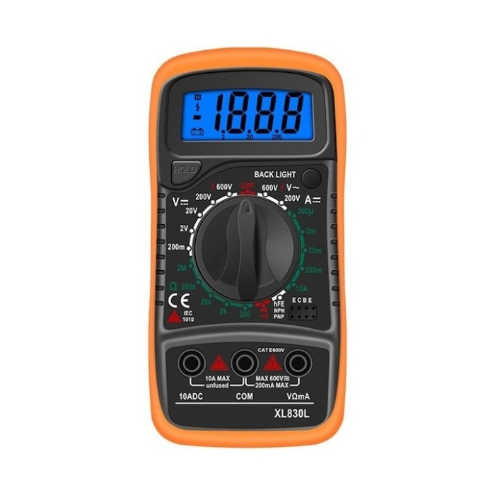 Multimetru digital, model XL830L, afisaj LCD, tensiunea AC DC, curent DC, rezistenta, continuitate, verificare diode tranzistori, portocaliu