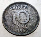Moneda Argint Suedia 10 Ore 1955 Gustaf VI, 1.44g Argint 0.400, 15mm