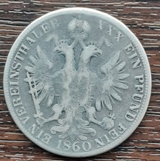 (A607) MONEDA DIN ARGINT AUSTRIA - 1 VEREINSTHALER 1860, LIT. A, FRANZ JOSEPH