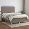 Pat cu arcuri, saltea și LED, gri taupe, 140x200 cm, textil
