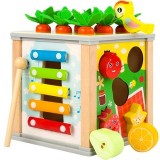 Cub educativ pentru copii, 6 in 1, diverse activitati, lemn, 16 x 15.5 x 15.5 cm, multicolor