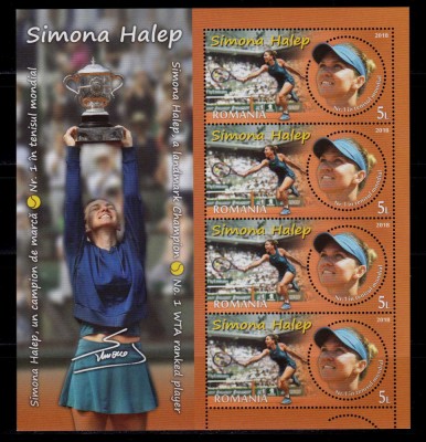 RO 2018 ,LP 2209b ,&amp;quot;Simona Halep , un campion de marca&amp;quot;,mcoala 4+manseta ,MNH foto