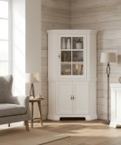 Set comoda pe colt pentru living VMN1, cu o usa, o polita si vitrina suprapozabila VMNN1, o usa, 2 polite, Pal Melaminat, cu elemente din MDF, Alb Ant