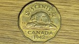Canada - moneda de colectie raruta - 5 cents 1942 XF - George VI - varianta rara din tombac, an unic de batere