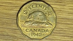 Canada - moneda de colectie raruta - 5 cents 1942 XF - George VI - varianta rara din tombac, an unic de batere