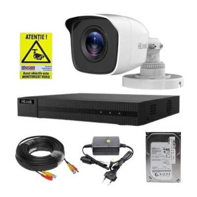 Sistem supraveghere analog Hikvision Hilook, 1 camera 2 MP, lentila 2.8mm, IR 20m, DVR 4 canale 4 MP, hard disk 500GB, accesorii SafetyGuard Surveilla foto