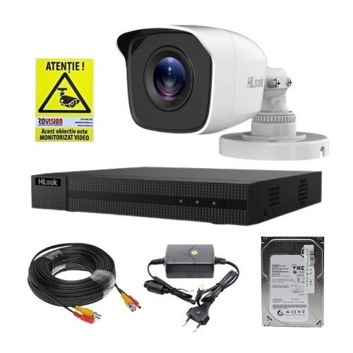 Sistem supraveghere analog Hikvision Hilook, 1 camera 2 MP, lentila 2.8mm, IR 20m, DVR 4 canale 4 MP, hard disk 500GB, accesorii SafetyGuard Surveilla