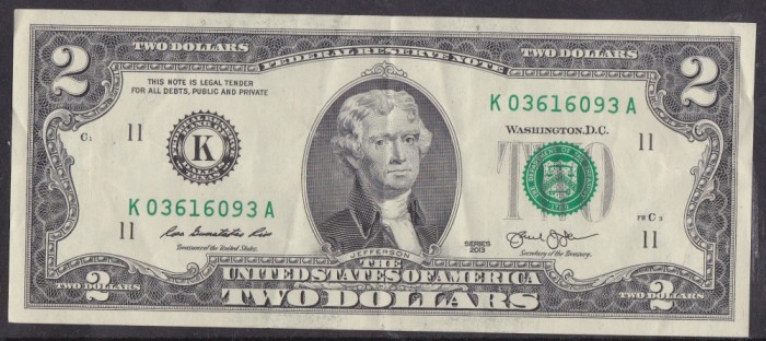 B11 - Bancnota foarte veche - America USA - 2 dolari - 2013