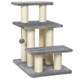 PawHut Scară pentru C&acirc;ini și Pisici cu 3 Trepte din Pluș și St&acirc;lpi Zg&acirc;riători din Sisal, Capacitate 10 kg, Gri | Aosom Romania