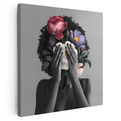 Tablou portret femeie cu flori variate pe fata Tablou canvas pe panza CU RAMA 60x60 cm foto