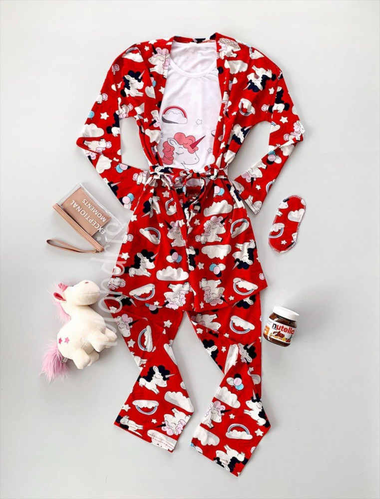 Pijama dama ieftina rosie cu roz compusa din halat, tricou si pantaloni  lungi cu imprimeu Unicorn | arhiva Okazii.ro