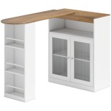HOMCOM Masă de Bar Extensibilă și Rotativă 360&deg; cu Rafturi Deschise și 2 Uși din Sticlă 150x80x105,5 cm Alb și Lemn Natural | Aosom Romania