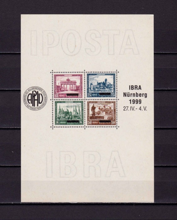 ✅(V9) Germania &#039;99,bloc/viniete oficiale Expo.IBRA Nurnberg/IPOSTA Reich1930,MNH
