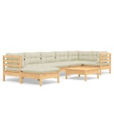 Set mobilier de gradina cu perne crem, 8 piese, lemn masiv pin
