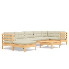Set mobilier de gradina cu perne crem, 8 piese, lemn masiv pin