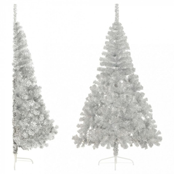 Jumătate brad de Crăciun cu suport, argintiu, 180 cm, PVC