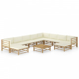 VidaXL Set mobilier grădină cu perne alb crem, 11 piese, bambus