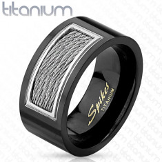Inel de titan negru - decupaj dreptunghiular, fire metalice răsucite, dimensiuni diferite - Marime inel: 59