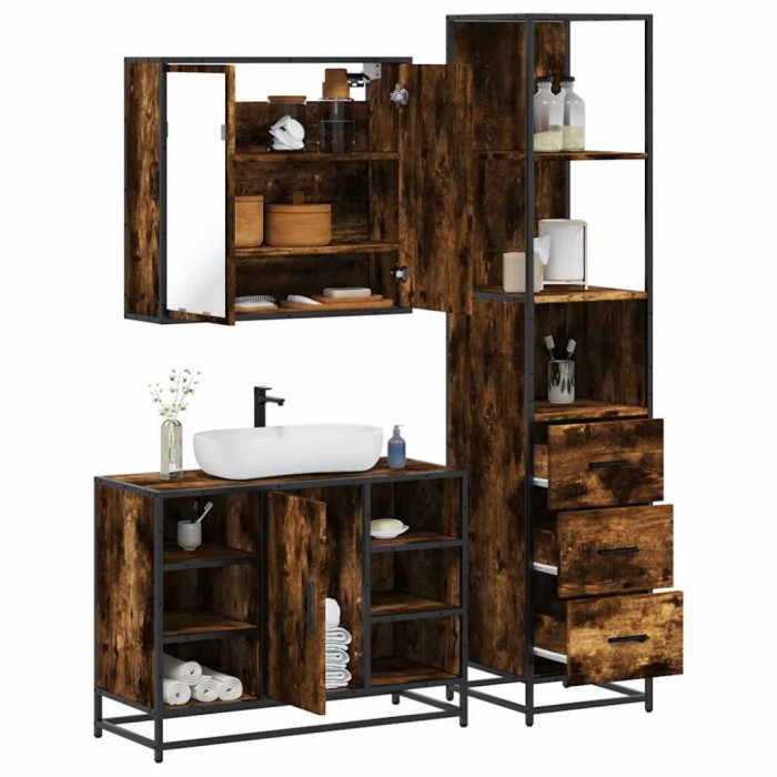 vidaXL Set mobilier de baie, 3 piese, stejar fumuriu, lemn prelucrat 3301152
